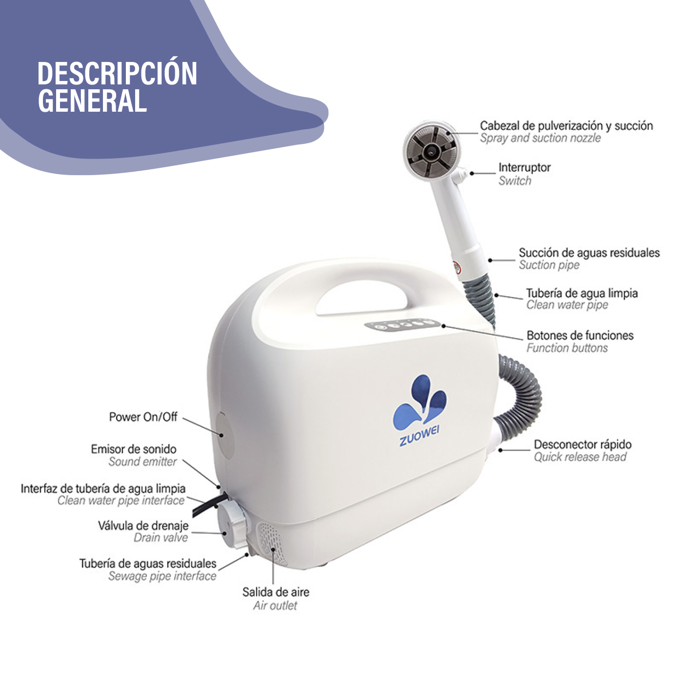 Ducha portátil Zuowei ZW186Pro con sistema de aspiración de agua - Imagen 6
